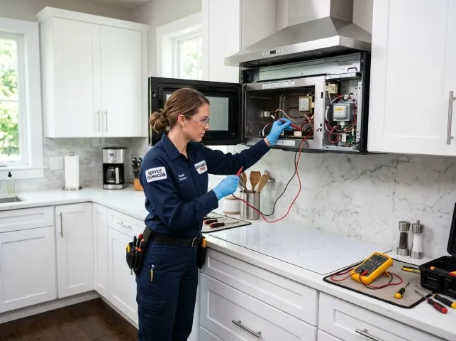 Appliance Repair Hero technician testing an over-the-range microwave in a Athens, LA kitchen